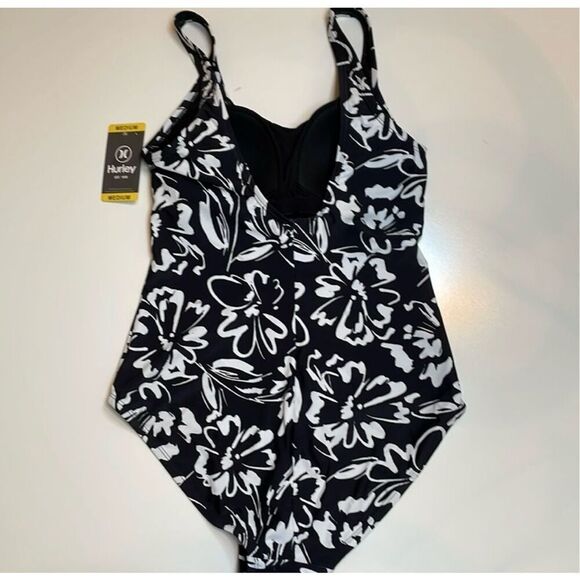 Hurley Women's XL One Piece Swimsuit Black White Floral UPF 50+ Sun Protection - Picture 5 of 14